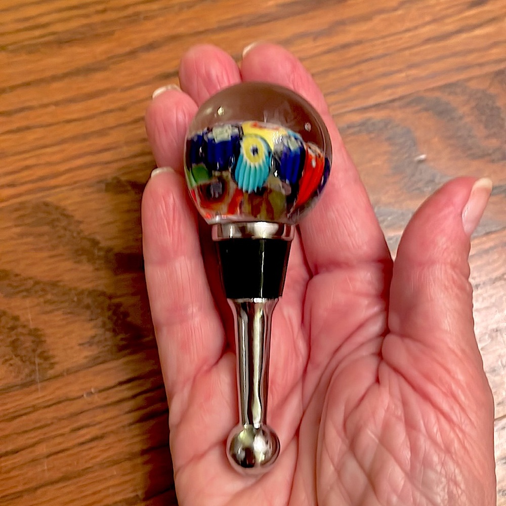 Millefiori, handmade, glass, wine bottle stopper in original box. Very nice!